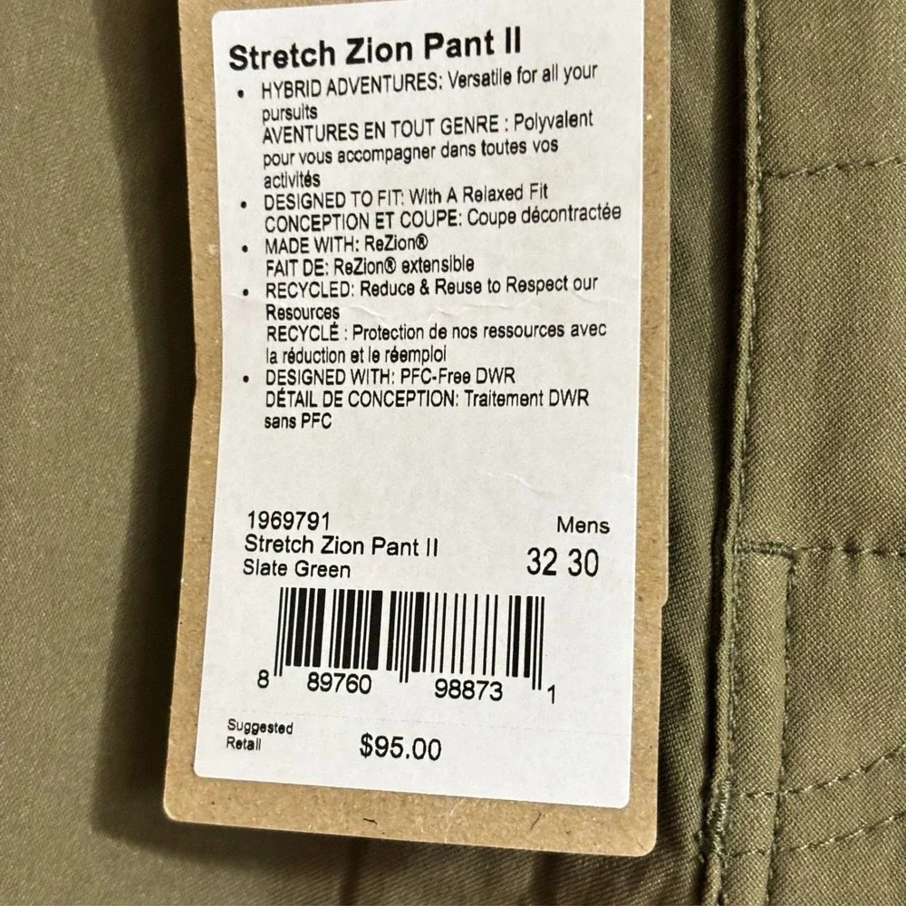 prAna Stretch Zion Pant II Mens 32x30 Slate Green New Relaxed Fit Hiking Cargo